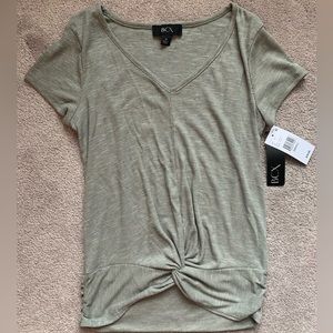 BCX olive green short sleeve shirt ruched twist NWT new small